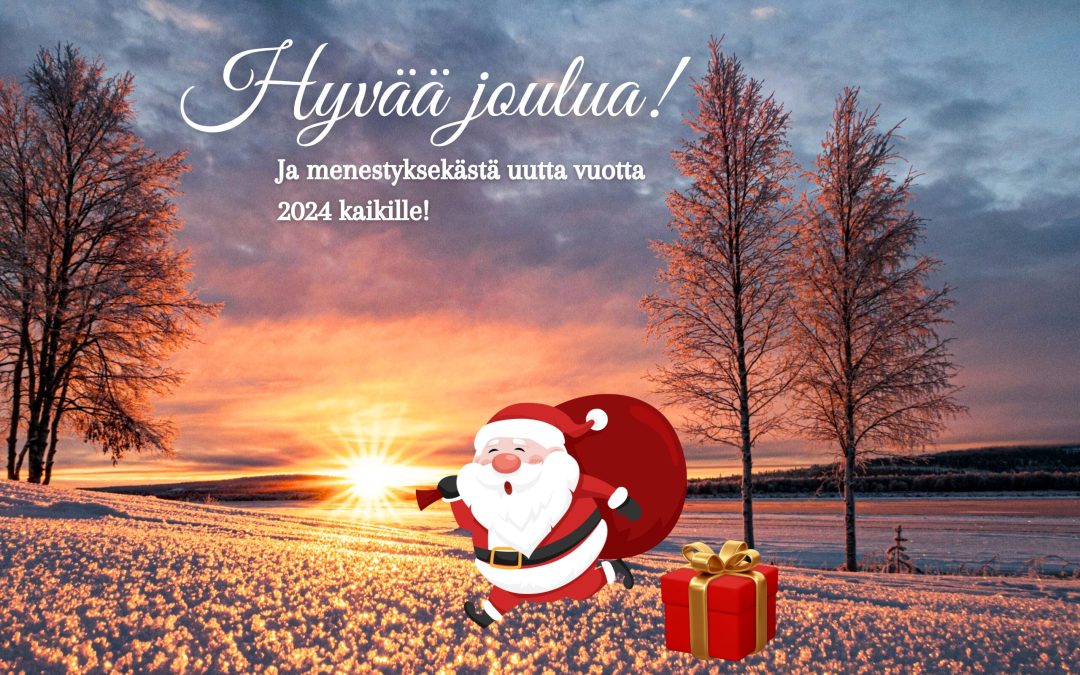 Tornionjoki talvella auringonlaskussa, kuvassa teksti Hyvää joulua ja menestyksekästä uutta vuotta 2024!